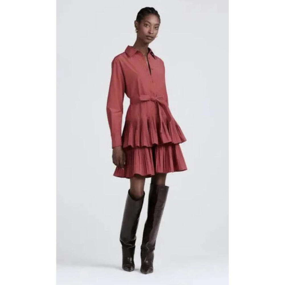 Derek Lam 10 Crosby Stirling Tiered Plisse Poplin Brick Red Shirt Dress US 2